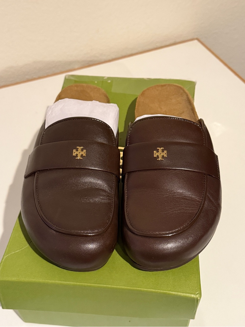 Tory Burch Everly cork leather mules deep mocha brown size 6.5 like new w/box